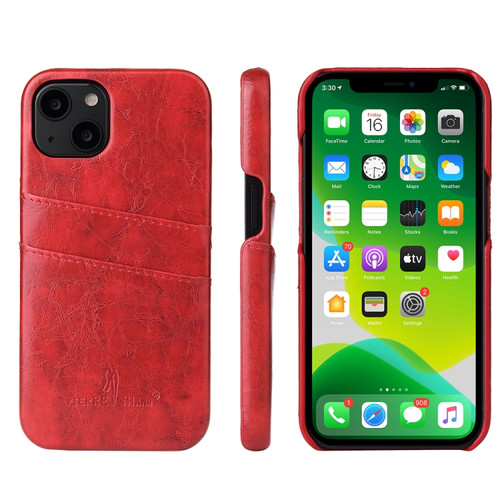 iPhone 13 Fierre Shann Retro Oil Wax Texture PU Leather Case with Card Slots - Red